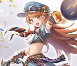  1girl belt breasts bridal_gauntlets brown_eyes brown_hair cleavage crop_top eyes_visible_through_hair granblue_fantasy gun long_hair looking_at_viewer mary_(granblue_fantasy) midriff narumizg open_mouth outstretched_arm puffy_short_sleeves puffy_sleeves short_sleeves skirt skirt_set smile solo spiky_hair weapon 