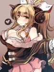  1girl ahoge amagaeru_(hylathewet) anila_(granblue_fantasy) bare_shoulders blonde_hair blush breasts brown_background cleavage commentary_request eyebrows eyebrows_visible_through_hair fur granblue_fantasy heart highres horns large_breasts long_hair long_sleeves looking_at_viewer looking_back open_mouth ponytail sheep_horns short_eyebrows simple_background skirt smile solo spoken_heart yellow_eyes 