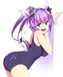  1girl ass back bare_shoulders blue_hair blush breasts brown_eyes caryo fang from_behind gradient_hair hair_ornament hair_ribbon i-19_(kantai_collection) kantai_collection large_breasts leaning_forward long_hair looking_back multicolored_hair one-piece_swimsuit open_mouth purple_hair ribbon school_swimsuit smile solo star star-shaped_pupils swimsuit symbol-shaped_pupils tri_tails twintails 