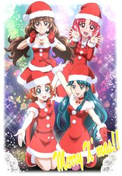  4girls akagi_towa amanogawa_kirara blue_eyes blue_hair blush breasts brown_hair choker christmas cleavage dress eyebrows fur_trim go!_princess_precure grin group_shot hanzou haruno_haruka hat headset kaidou_minami kneeling lace_border merry_christmas multiple_girls outstretched_arms outstretched_hand pink_legwear pose precure red_eyes redhead santa_costume santa_gloves santa_hat sleeveless sleeveless_dress smile snowflakes sparkle thick_eyebrows violet_eyes 