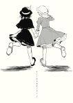  2girls bow capelet comic dress hat hichiko highres holding_hands maribel_hearn monochrome multiple_girls short_hair skirt touhou translation_request usami_renko 