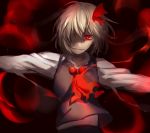  1girl ascot blonde_hair glowing glowing_eyes grin hair_over_one_eye hair_ribbon kikugetsu looking_at_viewer outstretched_arms red_eyes ribbon rumia shirt smile solo touhou upper_body vest 