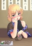  1girl blonde_hair blush drunk food gomi_(gomitin) green_eyes mizuhashi_parsee off_shoulder open_mouth plate pointy_ears shirt sitting solo table touhou undershirt 