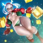  1girl bikini blue_eyes boots breasts fingerless_gloves gift glasses gloves green_bikini jacket lokman_lam long_hair looking_at_viewer open_mouth silver_hair skindentation smile solo swimsuit teeth thick_thighs thighs white_bikini white_swimsuit 