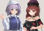  2girls bare_shoulders blue_eyes blush chain clothes_writing collar grey_background hat hecatia_lapislazuli ichiba_youichi lavender_hair letty_whiterock long_sleeves looking_at_viewer multiple_girls off_shoulder puffy_sleeves red_eyes redhead shirt short_hair short_sleeves simple_background smile t-shirt touhou turtleneck upper_body vest 