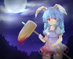  1girl animal_ears blood blood_drip blood_on_face bloomers blue_dress blue_hair clouds dress full_moon long_hair mallet moon night night_sky rabbit_ears red_eyes see-through seiran_(touhou) sky solo star_(sky) touhou twintails underwear 