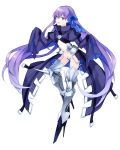 1girl armor blue_eyes fate/extra fate/extra_ccc fate_(series) greaves hair_ribbon long_hair meltlilith midriff navel purple_hair ribbon simple_background sleeves_past_wrists solo spikes very_long_hair white_background wowishi 