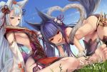  2girls all_fours animal_ears anklet bangs bare_back bare_shoulders barefoot bell black_legwear black_panties blue_eyes blue_hair blue_sky blunt_bangs blush breasts butt_crack character_name copyright_name detached_sleeves fang flower fox_ears fox_tail fukai_ryousuke fur_trim granblue_fantasy grass hair_bell hair_ornament hair_ribbon heart jewelry jingle_bell knot ld leg_ribbon long_hair looking_at_viewer multiple_girls outdoors panties purple_ribbon red_eyes ribbon sideboob silver_hair sitting sky smile socie_(granblue_fantasy) soles tail tassel text thigh-highs underwear very_long_hair wolf_ears yuel_(granblue_fantasy) 