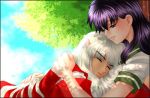  1boy 1girl animal_ears artist_request closed_eyes half-closed_eyes higurashi_kagome inuyasha inuyasha_(character) light_smile long_hair lowres purple_hair shade short_sleeves sky sleeping sunlight tree under_tree white_hair 