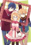  1girl 2boys :q bag bespectacled black_gloves black_legwear blonde_hair blue_eyes blue_hair bow coat frame glasses gloves hair_ornament hairclip hat kagamine_len kagamine_rin kaito mittens multiple_boys pants pantyhose plaid plaid_pants polka_dot polka_dot_bow ponytail red-framed_glasses scarf smile toggles tongue tongue_out vocaloid yoshiki 