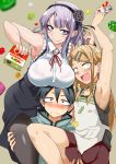  1boy 2girls aoi_manabu arm_up armpits black_hair black_legwear blonde_hair blue_eyes blush bra breast_rest breasts breasts_on_head dagashi_kashi endou_saya_(dagashi_kashi) fang hairband lace-trimmed_bra large_breasts long_hair multiple_girls open_mouth pantyhose purple_hair see-through shidare_hotaru shikada_kokonotsu shirt shocked_eyes silver_hair sleeveless sleeveless_shirt smile thigh_grab underwear very_long_hair virgin_killer_outfit 