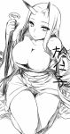  1girl breasts cleavage horns japanese_clothes kimono long_hair looking_at_viewer monochrome namidame oni original pointy_ears seiza sitting 