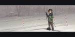  1girl astg bag black_hair highres jacket kurosaki_honoka lamppost outdoors short_hair snow snowing solo tree tripod yama_no_susume 