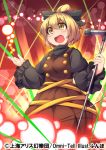 1girl blonde_hair bow brown_dress brown_eyes dress fun_bo hair_bow kurodani_yamame long_sleeves microphone microphone_stand open_mouth shirt smile solo stage_lights touhou wide_sleeves 