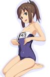  1girl bare_shoulders barefoot blush brown_eyes brown_hair caryo i-401_(kantai_collection) kantai_collection long_hair looking_at_viewer name_tag one-piece_swimsuit open_mouth ponytail school_swimsuit seiza short_ponytail sitting smile solo swimsuit swimsuit_pull tan 