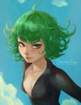  1girl ahoge artist_name black_dress blue_background blush collar collarbone covered_nipples curly_hair dandon_fuga dress eyelashes green_eyes green_hair onepunch_man simple_background small_breasts smile solo tatsumaki upper_body 