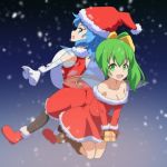  2girls ass-to-ass bag bare_shoulders black_legwear blue_eyes blue_hair box breasts brown_gloves cato_(monocatienus) cirno cleavage daiyousei dress elbow_gloves fairy_wings gift gift_box gloves green_eyes green_hair hair_ribbon hat ice ice_wings long_sleeves looking_at_viewer multiple_girls open_mouth red_dress ribbon santa_costume santa_hat side_ponytail sleeveless sleeveless_dress smile snowing touhou white_legwear wings 