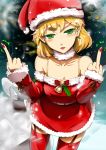  1girl bare_shoulders blonde_hair collarbone commentary_request earrings garter_straps green_eyes hat highres jewelry long_sleeves looking_at_viewer middle_finger mizuhashi_parsee pointy_ears red_legwear santa_costume santa_hat sinzan solo thigh-highs tongue tongue_out touhou zettai_ryouiki 