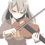  1girl blush breasts brown_hair green_eyes hair_between_eyes instrument kantai_collection kumano_(kantai_collection) long_hair long_sleeves masupa_kiriu playing_instrument ponytail school_uniform simple_background solo upper_body violin white_background 