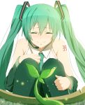 1girl 39 absurdres artist_name closed_eyes detached_sleeves green_hair hatsune_miku headset hello_planet_(vocaloid) hews_hack highres long_hair necktie pantyhose plant smile solo tears twintails vocaloid white_background 