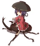  1girl barefoot beetle blush bowl hat insect japanese_clothes kimono kumo_(atm) minigirl needle obi purple_hair red_eyes rhinoceros_beetle riding sash short_hair simple_background smile solo sukuna_shinmyoumaru touhou white_background 