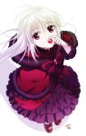  1girl dress k_(anime) kushina_anna long_hair red_dress silver_hair simple_background solo violet_eyes white_background 