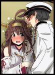  1boy 1girl admiral_(kantai_collection) blush brown_hair detached_sleeves faceless faceless_male flying_sweatdrops highres kantai_collection kongou_(kantai_collection) looking_away okuba remodel_(kantai_collection) violet_eyes wall_slam 