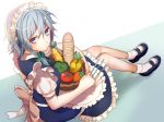  1girl apron basket blue_eyes blush bow braid bread carrot corn dress food fork frills full_body hair_bow hair_ornament izayoi_sakuya kikugetsu knife maid_headdress mary_janes puffy_sleeves ribbon shoes short_hair short_sleeves silver_hair sitting socks solo spoon tomato touhou twin_braids waist_apron white_legwear 