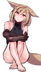  1girl animal_ears bangs bare_legs bare_shoulders barefoot black_gloves copyright_request crossed_ankles eyebrows eyebrows_visible_through_hair fox_ears fox_tail gloves hair_between_eyes head_tilt light_brown_hair looking_at_viewer nail_polish red_eyes red_nails ruuku_(azukieru) short_hair simple_background sketch sleeveless solo tail white_background 