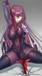  1girl arm_up bodysuit fate/grand_order fate_(series) gae_bolg hair_over_one_eye highres long_hair pantsu_(lootttyyyy) pauldrons polearm purple_hair red_eyes scathach_(fate/grand_order) sitting smile solo spear weapon 