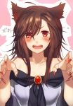  1girl animal_ears blush brooch brown_hair claw_pose dress fangs fingernails imaizumi_kagerou jewelry kikugetsu long_fingernails looking_at_viewer nail_polish off_shoulder open_mouth pink_background red_eyes solo text touhou upper_body wolf_ears 