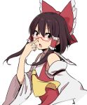  1girl :o adjusting_glasses ascot bare_shoulders bespectacled bow brown_hair detached_sleeves glasses hair_bow hair_tubes hakurei_reimu large_bow leon_7 looking_at_viewer red_eyes sarashi short_hair solo touhou 