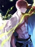  1boy abs cloak emiya_shirou fate/grand_order fate_(series) hakama japanese_clothes katana lightning limited/zero_over nagatekkou redhead short_hair solo sword topless weapon wowishi yellow_eyes 