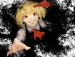  1girl :d amino_(tn7135) ascot blonde_hair blouse collared_shirt cravat fingernails from_above grin hair_ribbon long_fingernails long_sleeves looking_at_viewer looking_up open_mouth red_eyes red_ribbon ribbon rumia shirt short_hair simple_background smile solo teeth touhou vest white_blouse white_shirt wing_collar 