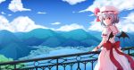  1girl astrot_(zwd4310100) balcony bat_wings blue_hair blue_sky clouds forest hat hat_ribbon highres lake light_smile looking_at_viewer looking_back mob_cap mountain nature puffy_short_sleeves puffy_sleeves red_eyes remilia_scarlet ribbon sash scenery short_hair short_sleeves skirt skirt_set sky solo touhou wings wrist_cuffs 