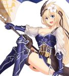  1girl :d absurdres armor armored_boots banner blonde_hair blue_eyes blush boots breasts crossed_legs flower gauntlets granblue_fantasy hair_flower hair_ornament hairband highres jeanne_d&#039;arc_(granblue_fantasy) lily_(flower) lion_(pixiv10982013) long_hair low-tied_long_hair open_mouth see-through sheath sitting smile solo thigh-highs thigh_boots thighs very_long_hair 