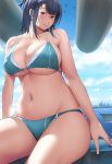  1girl aoten bikini black_hair blue_bikini blush breasts cleavage commentary_request hat highres kantai_collection large_breasts looking_at_viewer navel red_eyes short_hair sitting smile solo swimsuit takao_(kantai_collection) 