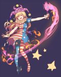  1girl :d american_flag_legwear american_flag_shirt blonde_hair blush clownpiece full_body hat high_heels jester_cap kikugetsu long_hair looking_at_viewer no_wings open_mouth outstretched_arm pantyhose pink_eyes print_legwear puffy_sleeves short_sleeves simple_background smile solo star striped touhou wrist_cuffs 