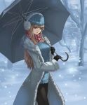  alternate_costume blonde_hair coat earmuffs gloves hat league_of_legends leather_gloves scarf snow sweater syndra umbrella violet_eyes winter_clothes winter_coat 