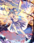  1girl bell blue_dress blue_eyes blue_hair cirno clouds dress hair_bell hair_ornament ice ice_wings puffy_short_sleeves puffy_sleeves shirt short_sleeves sky solo sunset touhou tree vima wings 