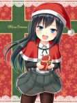  1girl alternate_legwear arm_warmers asashio_(kantai_collection) black_hair blue_eyes box brown_legwear capelet christmas dress_shirt gift gift_box hanazome_dotera hat kantai_collection long_hair looking_at_viewer open_mouth pantyhose pleated_skirt santa_hat school_uniform shirt skirt smile solo suspenders 