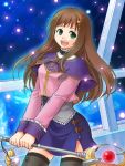  1girl belt breasts brown_hair cat choker hair_ornament hairclip long_hair open_mouth paws pencil_skirt sayo_(pixiv2776630) sidelocks skirt solo sophia_esteed staff star_ocean star_ocean_till_the_end_of_time thigh-highs 