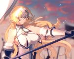  1girl armor armored_dress blonde_hair blue_eyes breasts capelet chains cleavage fate/grand_order fate_(series) faulds flag gauntlets headpiece highres large_breasts ruler_(fate/apocrypha) solo yellow_eyes 