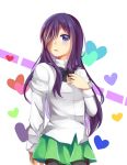  artist_request big_eyes burn_scar covering_one_eye green_skirt hand_on_own_chest heart heart_background highres ikezawa_hanako katawa_shoujo long_hair looking_at_viewer open_mouth pantyhose purple_hair ribbon school_uniform shirt skirt small_breasts source_request tagme upper_body violet_eyes white_shirt 