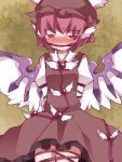  1girl animal_ears arms_behind_back blush bound brooch brown_dress commentary dress empty_eyes gagged grey_eyes hammer_(sunset_beach) hat jewelry leaf leaf_background mob_cap mystia_lorelei pink_hair solo tears tied_up touhou wings 