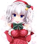  1girl :o bell blue_eyes bow breasts capelet christmas ganbare_ganbare_(itou_life) grey_hair hair_bell hair_ornament hat kantai_collection kashima_(kantai_collection) large_breasts looking_at_viewer saji-wata santa_costume santa_hat silver_hair solo twintails upper_body wavy_hair 