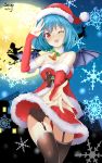  1girl :3 absurdres alternate_costume arm_warmers bad_id bare_shoulders bat_wings black_legwear breasts detached_sleeves fang garter_belt garter_straps hat highres navel_cutout one_eye_closed open_mouth reaching_out red_eyes remilia_scarlet santa_costume santa_hat sasya short_hair solo thigh-highs touhou wings 