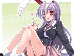  1girl animal_ears bare_legs blazer crescent heart heart-shaped_pupils long_hair long_sleeves open_mouth purple_hair rabbit_ears red_eyes reisen_udongein_inaba shirt sitting skirt smile solo symbol-shaped_pupils touhou very_long_hair yamu_(reverse_noise) 