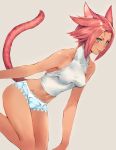 1girl animal_ears bare_shoulders blue_eyes blue_panties breasts cat_ears cat_tail facial_mark final_fantasy final_fantasy_xiv highres looking_at_viewer makimura_shunsuke miqo&#039;te navel panties pink_hair short_hair simple_background smile solo tail underwear underwear_only 