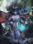  1girl artist_request black_sclera blue_fire blue_hair breasts cape cleavage detached_sleeves dress forest ghost grin hair_between_eyes highres lantern large_breasts light_rays long_hair maotu nature navel official_art original purple_skin red_eyes smile solo sunbeam sunlight wavy_hair 
